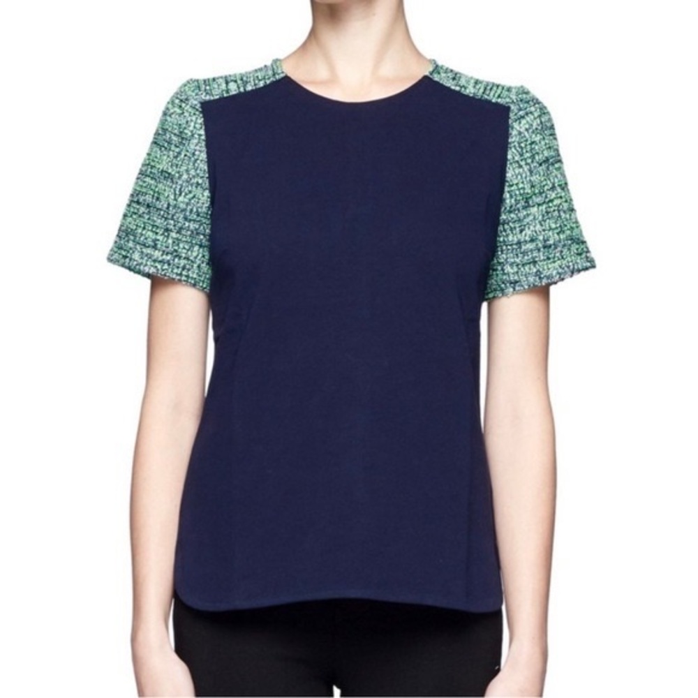 J Crew size small navy top with green tweed sleeves